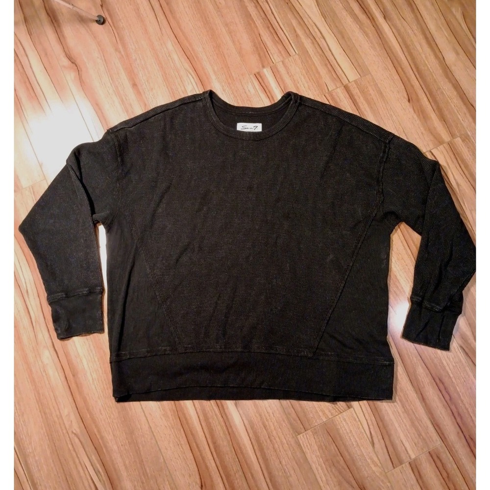 Seven7 Women Heavy Weight Oversized Long Sleeve Waffle Crewneck XL Black Sweater
